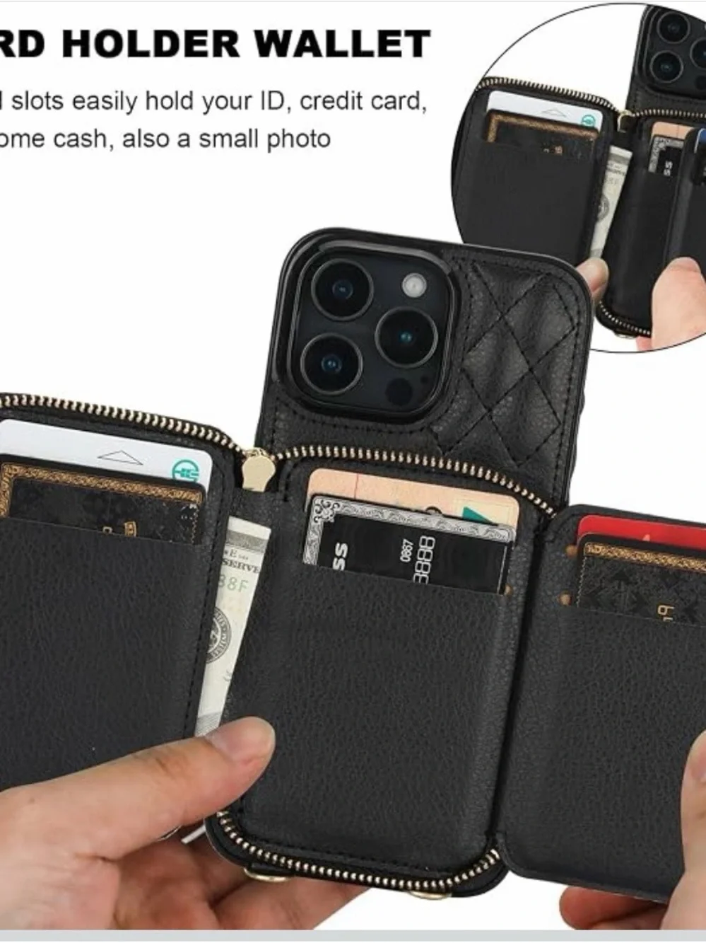Black Quilted Crossbody Phone Case with Zipper Pocket - Brand